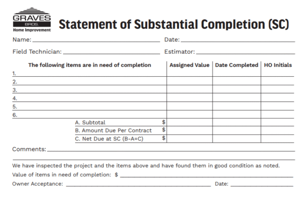 A document titled Graves Statement of Substantial Completion