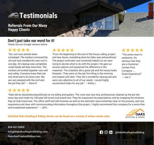 Customer testimonials for Oaks Roofing and Siding